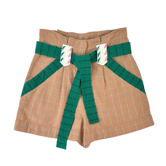 SÉZANE Arthus Brown White Green Plaid Belted High Rise Embroidered Cotton Shorts - Picture 1 of 11